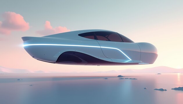 Futuristic hovering car with sleek design and neon accents against a pastel sky background showcasing innovation and technology with copy space
