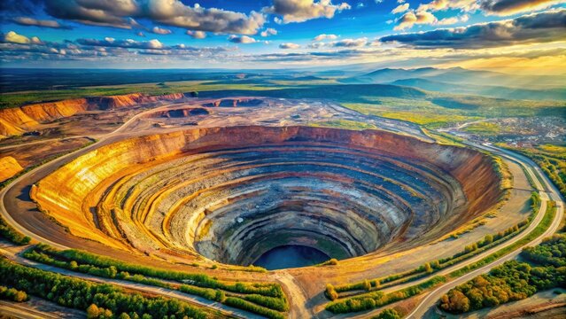 The expansive kimberlite pipe of the closed Mirny diamond mine in Yakutia is prominently displayed in this aerial view, capturing its immense scale and significance.