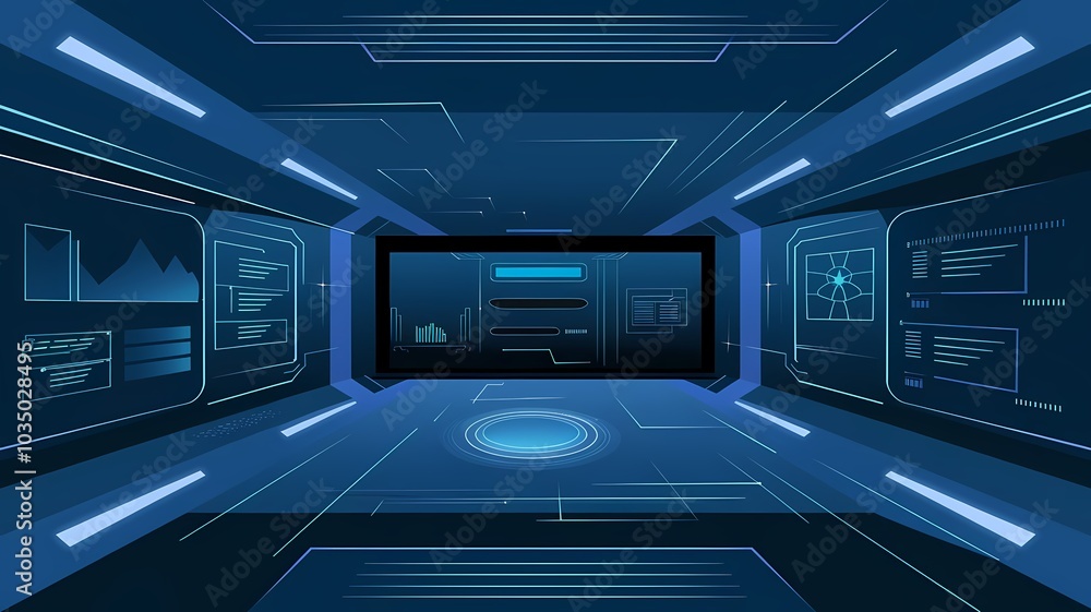 Poster futuristic digital control room with blue lighting and screens displaying data on a dark background 