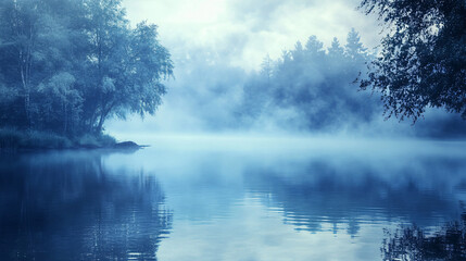 Fototapeta premium An early morning fog rising over a calm lake, creating a mystical atmosphere.