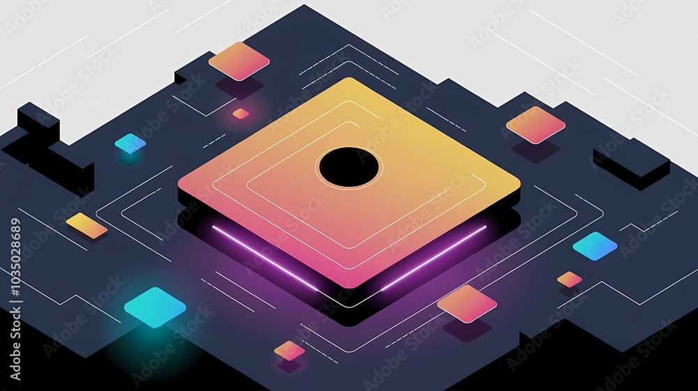 Poster futuristic geometric design with vibrant colors and neon elements on a dark background with copy spa