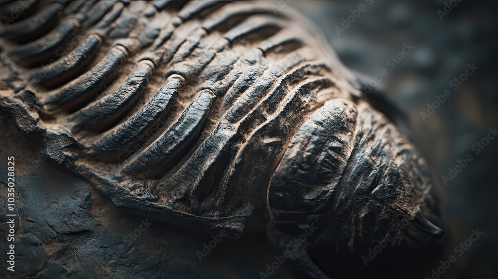 Poster close-up of a fossilized trilobite, showcasing intricate details and textured surface