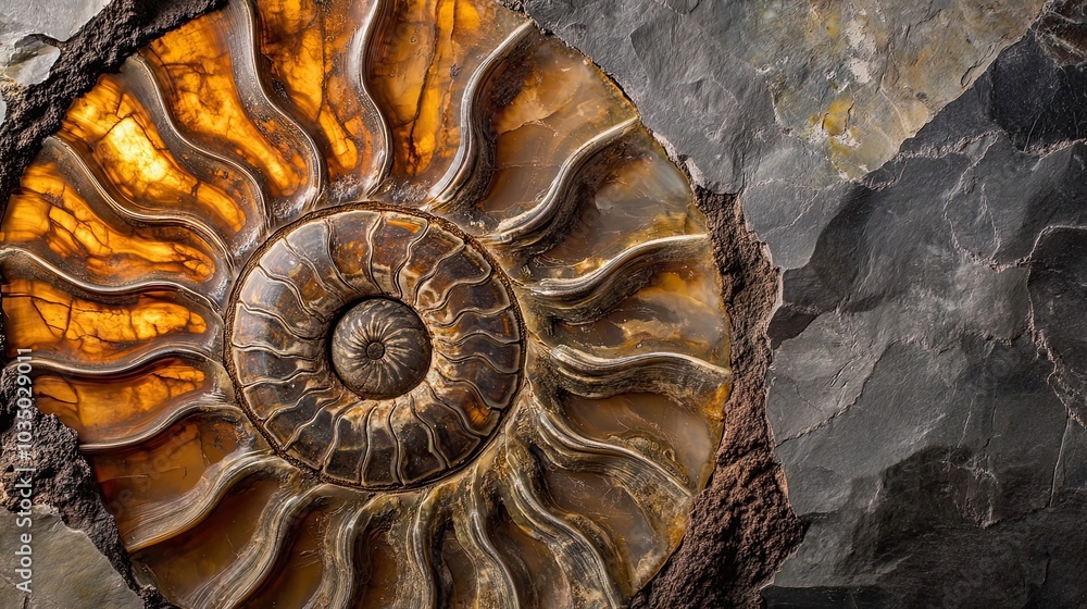 Poster fossilized ammonite shell embedded in dark stone