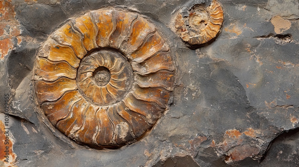 Poster fossilized ammonite shell embedded in stone