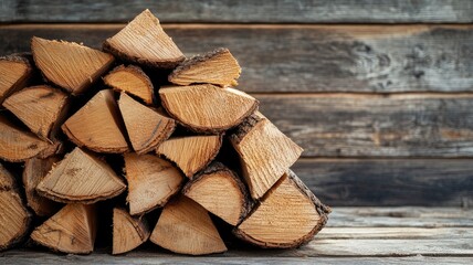 Fototapeta premium Pile of chopped firewood logs stacked against wooden wall background