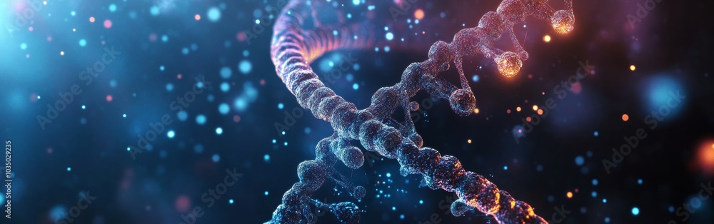 Poster intricate visualization of dna strands illuminated by colorful particles in a dark background, repre