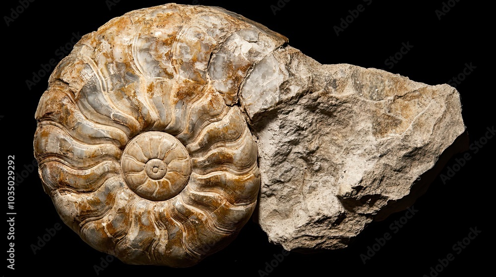 Poster fossilized ammonite shell embedded in sedimentary rock
