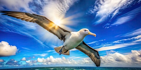 Obraz premium Majestic albatross gliding effortlessly against a backdrop of soft clouds and a vibrant sky, captured in candid wildlife photography showcasing nature's beauty and grace.