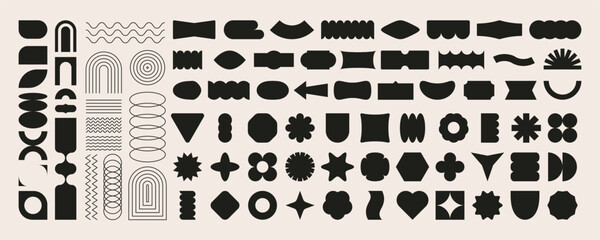 Fototapeta premium Brutalist geometric shapes. Modern simple 3D figures, minimal retro futuristic basic blocks, abstract bauhaus contemporary symbols. Vector set