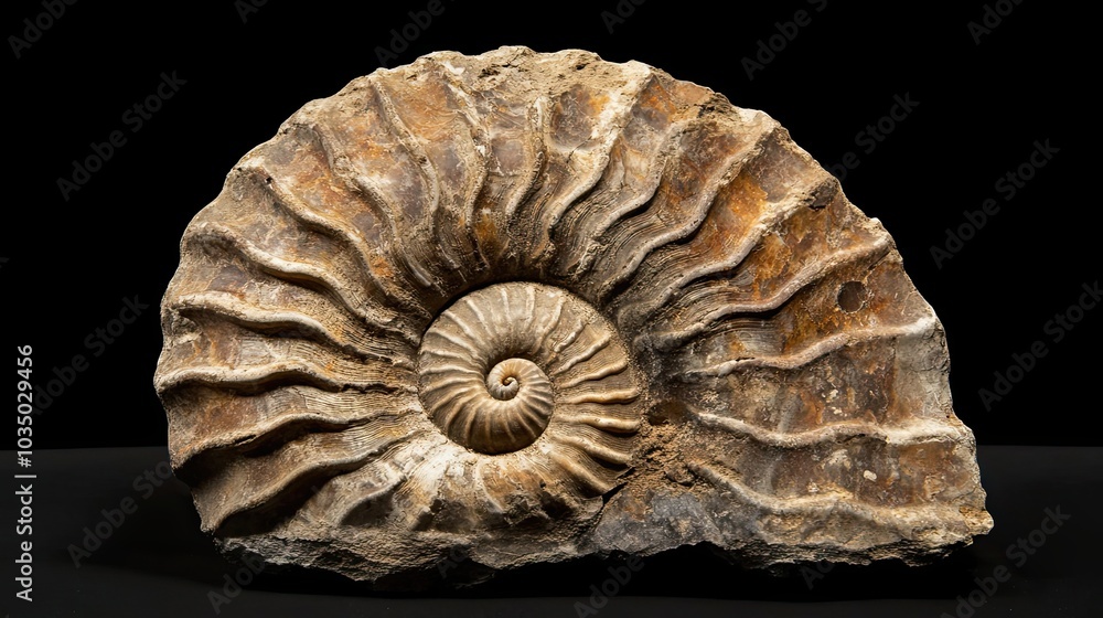 Poster fossilized ammonite shell with detailed spiral pattern