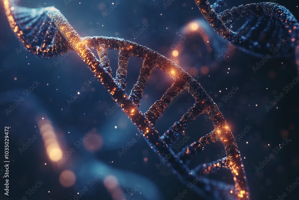 Poster close-up view of a luminous dna double helix structure floating in a dark environment with sparkles 