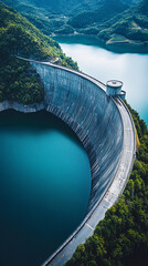 Fototapeta premium Aerial View of Massive Dam and Reservoir in Pristine Natural Surroundings