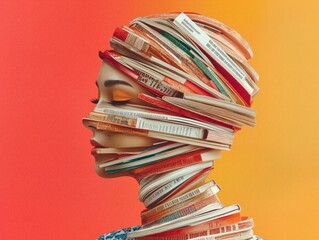 Human head made from twisted abstract book pages in different colors