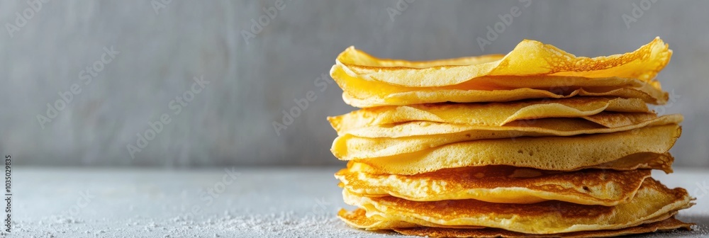 Poster A tempting stack of golden crepes sits invitingly on a rustic table, ideal for a delightful breakfast or brunch spread. Generative AI