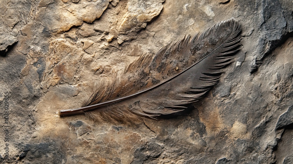 Poster fossilized bird feather embedded in rough stone