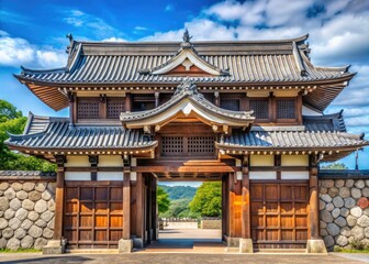 The front gate of Kanazawa Castle showcases intricate architectural details, harmoniously blending history, artistry, and traditional Japanese craftsmanship within Japan's captivating historic landsca
