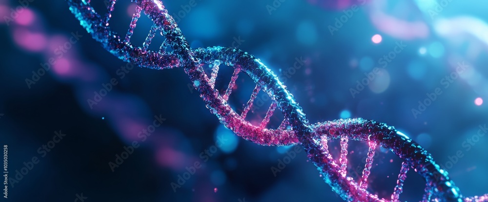 Poster close-up view of a double helix dna structure glowing with vibrant colors in a dark, abstract backgr