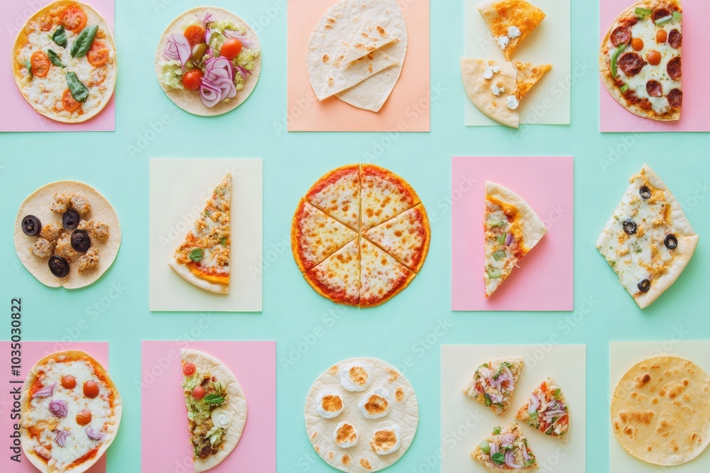 Poster A colorful array of tacos and pizza slices is neatly organized in geometric patterns, showcasing popular street food options. Generative AI