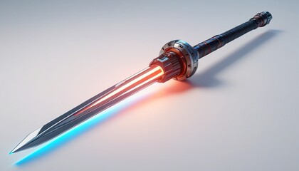Fototapeta premium A glowing model of a laser sword resting on a glossy white surface, radiating sci-fi energy, Generative AI