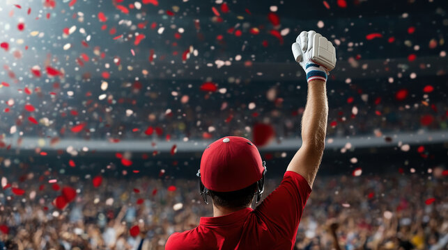 Batsman hitting a six, ball flying high, packed stadium, intense energy, cricket celebration, triumphant moment