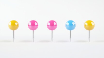 bright stationery pins 3d lineup, onyx, pearl, saffron, cerulean, blush colored thumbtacks, silver needle tips, polished dome-shaped heads, office tool emoji set, gentle hover effect, crisp edges,