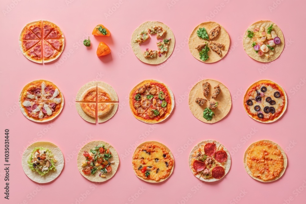Aufkleber tacos and pizza are arranged in a colorful geometric layout, showcasing a variety of toppings on a v