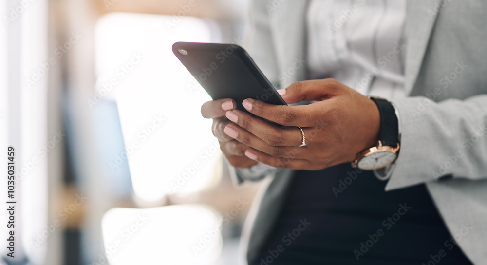 Poster office, hands and businessperson with cellphone for chat, text message and information for reading. 