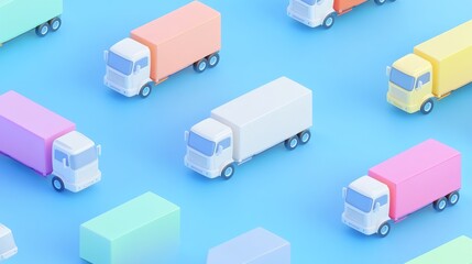miniature 3d cargo trucks, vibrant rainbow colors, simplified geometric shapes, matte finish, isometric view, light blue backdrop, logistics concept illustration