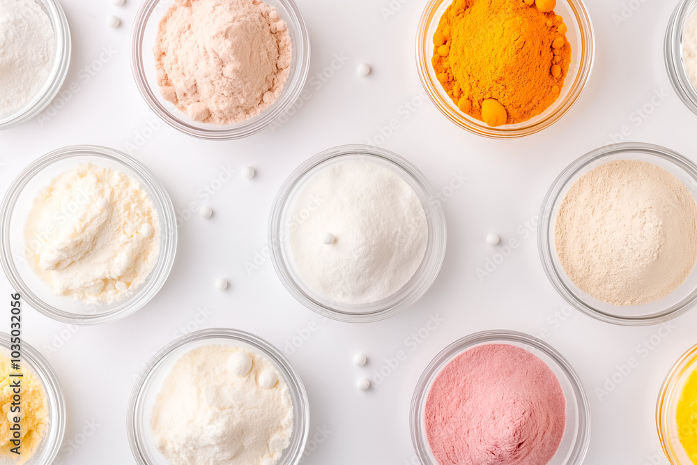 Poster a selection of colorful spices and powders displayed in small glass containers on a clean white back