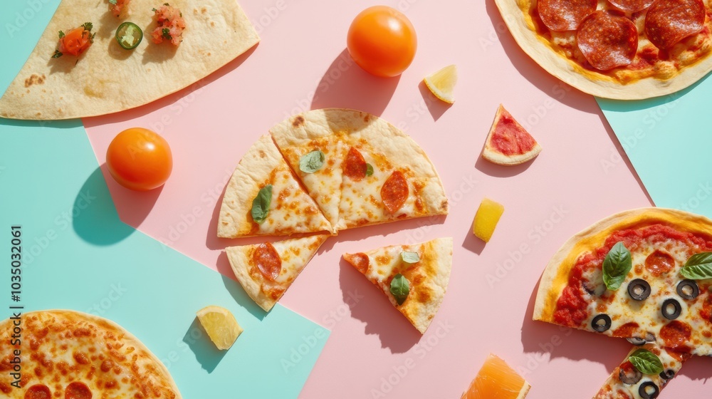 Poster tacos and pizza are artistically arranged in geometric patterns, showcasing an inviting street food 