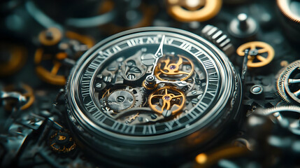 The Intricate Mechanism of a  Mechanical Watch with Roman Numerals and  Intricate Gears