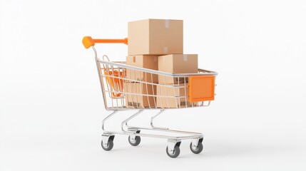 hyperrealistic shopping trolley, metallic frame, vibrant orange handles and wheels, filled with cardboard boxes, 3d render, isolated on white, crisp details, soft shadows