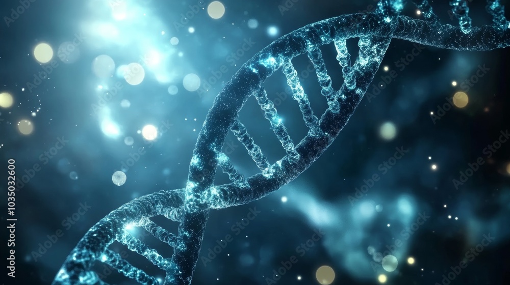 Poster exploring the intricate structure of dna illuminated by dynamic digital lights in a scientific visua