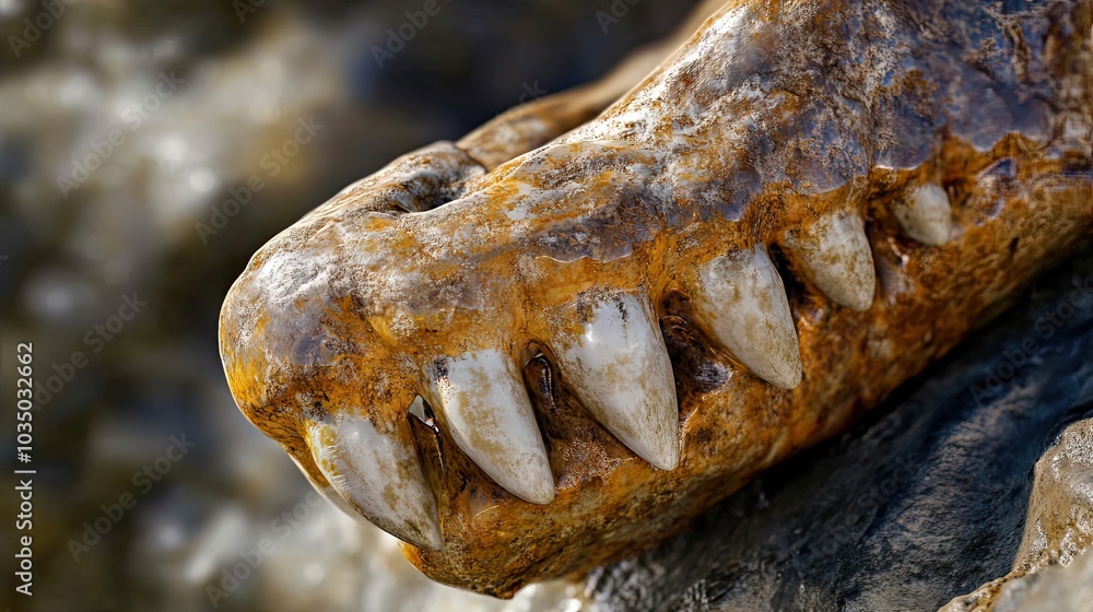Aufkleber close-up of a fossilized dinosaur jaw with sharp teeth