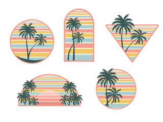Collection of a retro sunset badges with silhouettes of palm trees. Illustration on transparent background