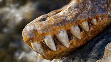 Naklejka premium Close-up of a Fossilized Dinosaur Jaw with Sharp Teeth