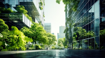 Eco-friendly building modern city sustainable glass building Ecology concept Office building with green environment