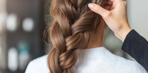 Fototapeta premium Intricate braids styled in a modern salon, showcasing rich textures and meticulous detail in hair artistry.