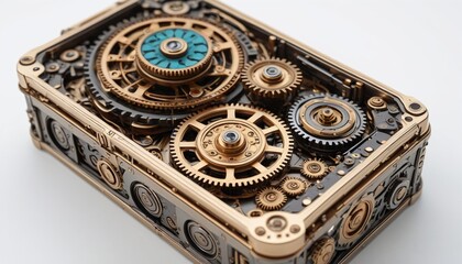 Obraz premium A stylish model of a steampunk-inspired gadget with intricate gears displayed on a bright white background, representing creative inventions, Generative AI