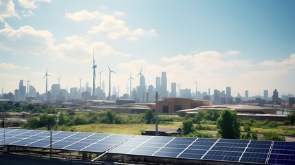 Windmills and solar panels farm battery energy storage facility Green energy for carbon dioxide emission reduction
