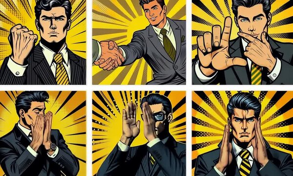 Bande dessin&eacute;e pop art avec des hommes en costume ex&eacute;cutant une s&eacute;rie de gestes expressifs, capturant diff&eacute;rentes &eacute;motions et actions, sur un fond dynamique et color&eacute; avec effets graphiques r&eacute;tro