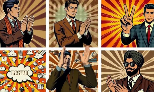 Bande dessin&eacute;e pop art avec des hommes en costume applaudissant et faisant des signes de victoire, accompagn&eacute;s de bulles de texte humoristiques sur un fond r&eacute;tro et dynamique avec des effets graphique