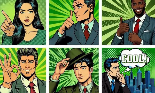 Bande dessin&eacute;e pop art repr&eacute;sentant des personnages en costume faisant divers gestes expressifs comme un pouce lev&eacute;, un signe OK, et une bulle de texte 'COOL!' sur un fond vert dynamique