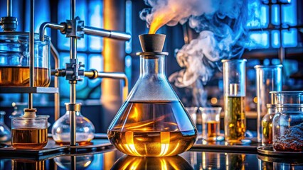 The laboratory setup features a flask of boiling alcohol, steam billowing upward, showcasing the distillation process as it effectively divides the mixture's components.