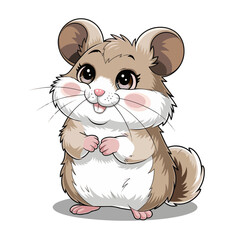 mouse with cheese A cute and fluffy hamster with soft, light brown and white fur stands on its hind legs, gazing forward with a sweet and happy expression