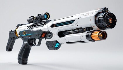 A dynamic model of a futuristic energy weapon displayed on a polished white background, showcasing its advanced features, Generative AI