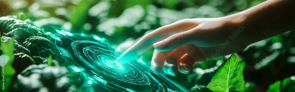 Poster exploring the intersection of nature and technology through a hand engaging with futuristic holograp