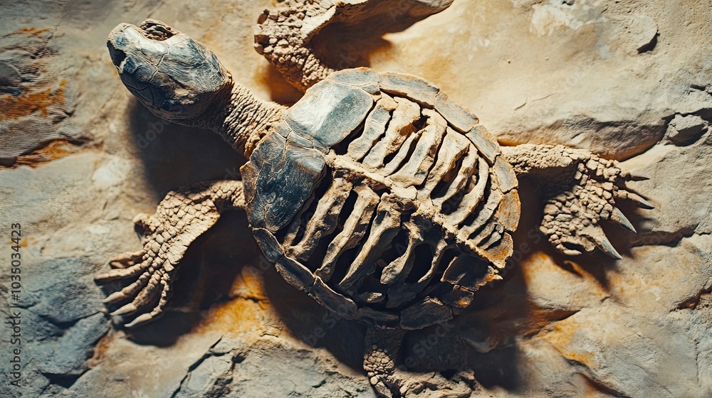 Poster fossilized turtle skeleton embedded in stone