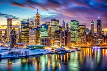 Obraz premium The Manhattan skyline gleams at night, with skyscrapers brightly lit and reflected on the Hudson River, creating a magical winter panorama.