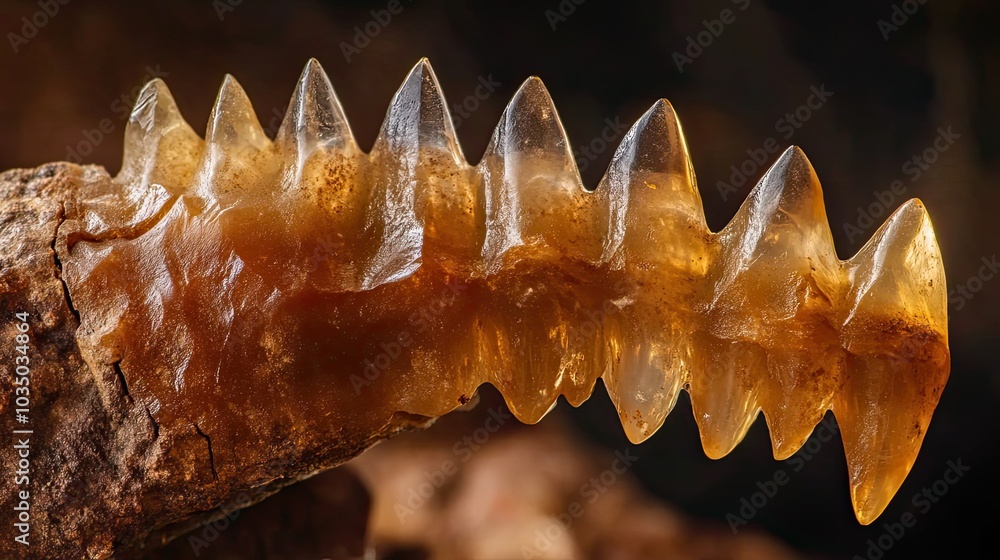 Poster close-up of a fossilized shark jaw with sharp teeth